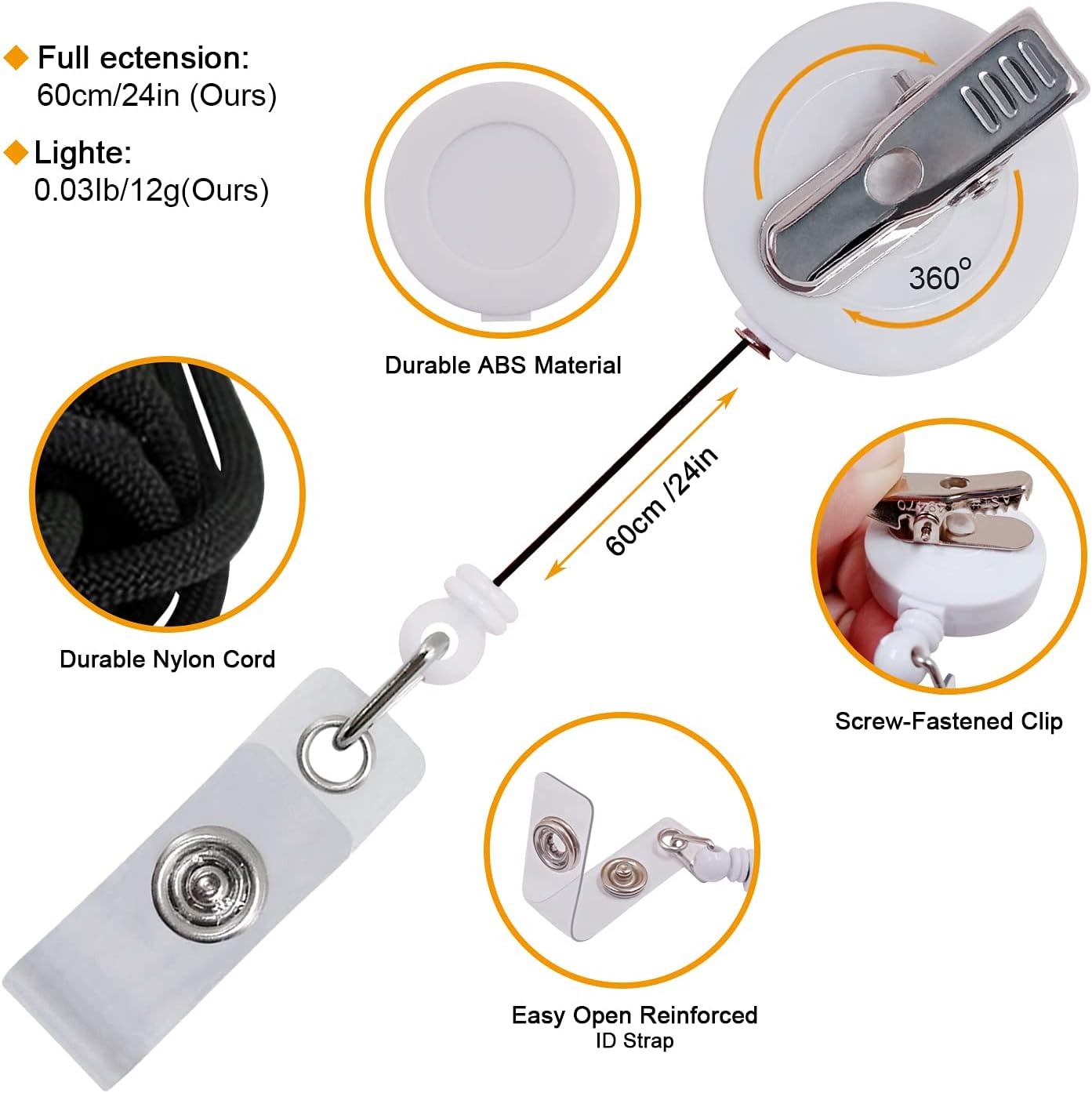 5 Pack Retractable ID Badge Holder Reels with Swivel Alligator Clip Bulk Pack Premium Badge (White)