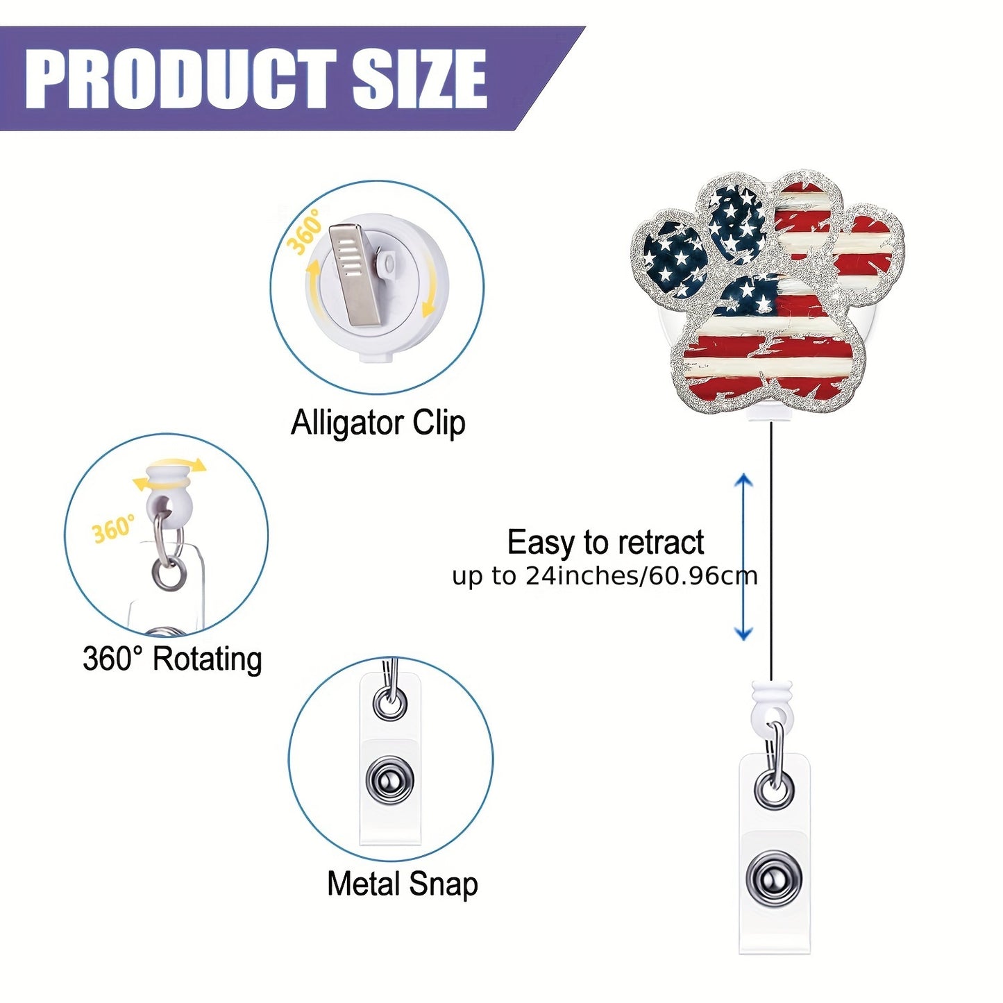 Patriotic Dog Paw Badge Reel with Alligator Clip - 4th of July Retractable ID Holder, Stars and Stripes Design for Nurses, Teachers, Students & Office Use