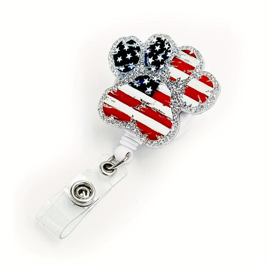 Patriotic Dog Paw Badge Reel with Alligator Clip - 4th of July Retractable ID Holder, Stars and Stripes Design for Nurses, Teachers, Students &amp; Office Use 